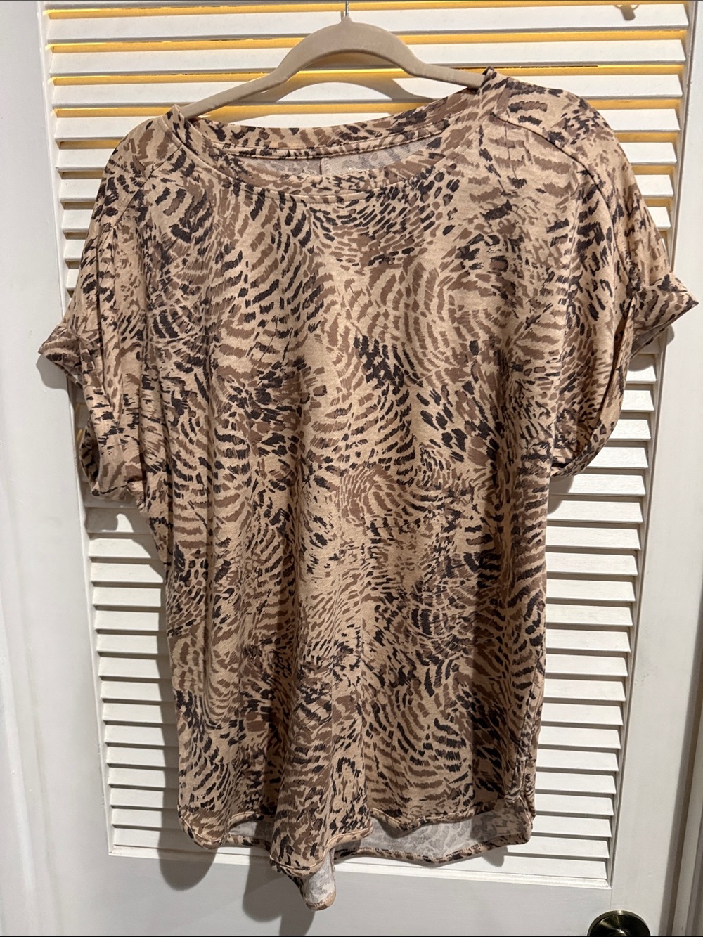 Cupio Tan and Brown Animal Print Short Sleeve Top